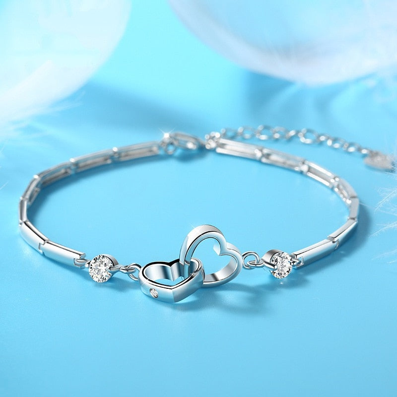Mother and Daughter double-heart bracelet with cubic zirconia stones