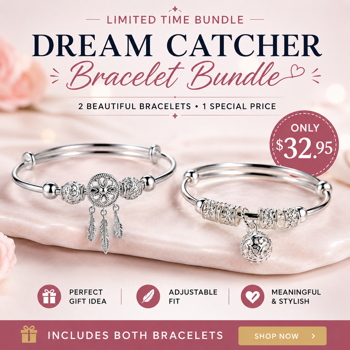 Dream Catcher Bracelet Bundle — two silver bangles, dream catcher and lucky bell